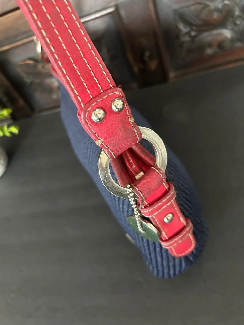 The Sak Navy Blue Crochet Woven Shoulder Bag with Red Trim